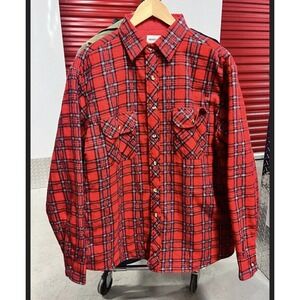 Vintage 80s 90s Outreach Quilted Red Striped Heavy Flannel Button Down Sz Large